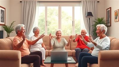 A heartwarming illustration of a group of seniors participating in an online fitness class, smiling and exercising together in their living rooms, with virtual trainers guiding them through gentle movements, promoting health and community among older adults.