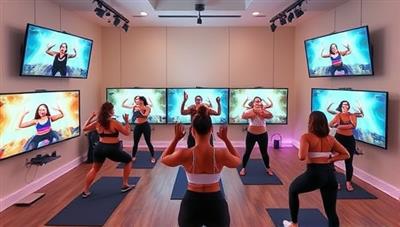 A vibrant virtual workout room with a diverse group of individuals exercising together on screens, displaying energy and inclusivity in a digital fitness community.