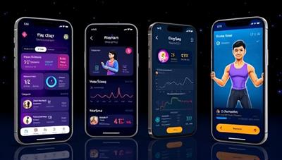 An engaging and futuristic interface of the AI FitGenie app displaying workout recommendations, progress tracking, and a virtual personal trainer avatar providing guidance, showcasing the app's innovative features and user-friendly design.