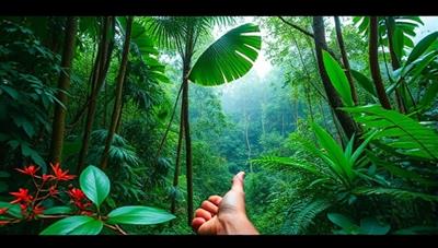 An immersive virtual field trip through a lush rainforest, with vibrant flora and fauna, interactive learning points, and a virtual guide providing insights on conservation efforts and biodiversity, capturing the essence of the eco-friendly and educational experiences offered by GreenQuest Expeditions.