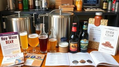 An enticing brewing setup with a variety of brewing ingredients, equipment, and bottles of craft beer, surrounded by brewing guides and tasting notes, illustrating the art of home brewing and craft beer creation.