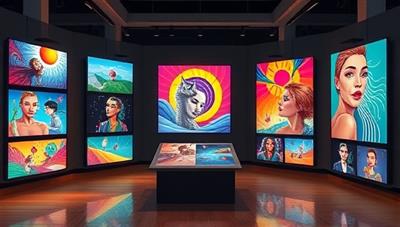 A digital art gallery showcasing vibrant and diverse NFT artworks displayed on virtual screens, with animated elements and interactive features, representing the innovative and dynamic nature of ArtChain's digital art marketplace.