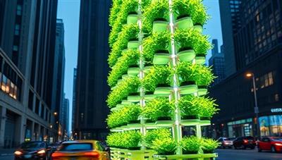 An urban setting with a futuristic vertical hydroponic tower farm glowing with LED lights, showcasing rows of vibrant green plants growing upwards, surrounded by a bustling cityscape, symbolizing innovation and sustainability in agriculture.