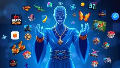 An artistic representation of a digital genie character (AI) surrounded by floating game icons and personalized game recommendations, visually illustrating the magical and tailored experience of using the GameGenie AI platform.