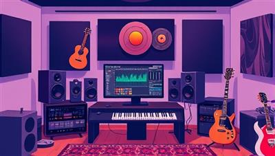 An illustration of a home studio setup with a computer displaying music production software, MIDI controllers, studio monitors, and musical instruments, surrounded by soundproofing panels, vintage vinyl records, and creative mood lighting, capturing the essence of virtual music production classes and creative musical environments.