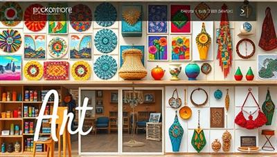 An artistic marketplace homepage design featuring a vibrant display of handmade crafts, colorful artworks, intricate jewelry pieces, and unique home decor items, creating a visual feast for art enthusiasts and creative souls seeking inspiration and authentic creations.