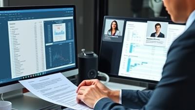 An auditor reviewing digital financial documents on a computer screen, with virtual assistants providing real-time support and guidance, illustrating a seamless and efficient audit process with AuditEase Virtual.