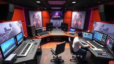A virtual music production studio scene with avatars composing music, mixing tracks on digital workstations, and collaborating on creative projects, illustrating a dynamic and interactive space for music enthusiasts to learn, create, and connect in a digital music production academy.
