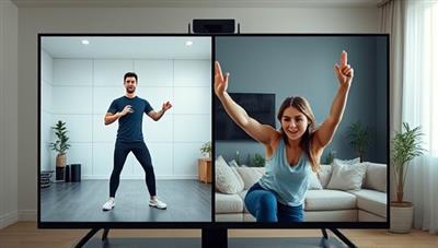 A digital screen split in half, showing a virtual fitness trainer leading a workout session on one side and a user following along with enthusiasm in their living room on the other side, conveying motivation and engagement.