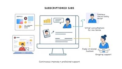 An illustration of a subscription-based design platform with interactive design tools, virtual consultations, and ongoing support features, symbolizing the continuous improvement and professional guidance offered through the WareDesign Subs service.