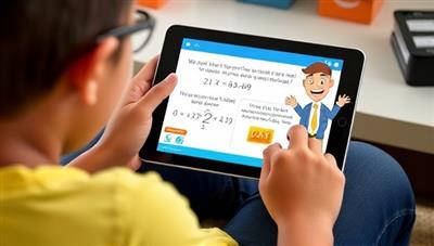 An engaging visual of a student using the MathMentor Mobile app on a tablet, solving math problems with the help of an animated math mentor character, showcasing the interactive and educational features of the tutoring app for middle school students.