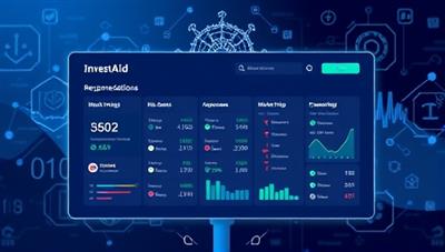An illustration of the InvestAId platform interface displaying personalized investment recommendations, risk assessments, and market insights, with AI algorithms analyzing data in the background, symbolizing advanced technology and intelligent investing solutions.