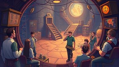 An immersive game world illustration featuring characters, puzzles, and branching story paths, inviting players to explore the interactive storytelling adventures offered by the club, creating a sense of mystery and discovery.