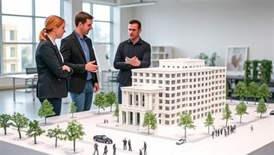 A design studio with architects reviewing a large 3D printed model of a building project, surrounded by miniature trees, cars, and figures, illustrating the detailed and realistic presentation quality achieved by PrintPerfect Plans' architectural model services.