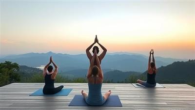 A serene virtual retreat setting with a tranquil landscape backdrop, featuring a yoga instructor leading a virtual class with participants in various poses, capturing a sense of peace and mindfulness in a remote wellness environment.