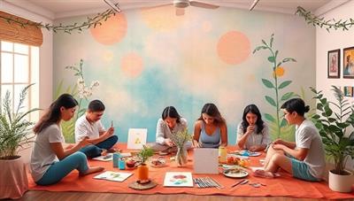An artistic representation of a virtual art therapy session with participants engaging in creative activities, surrounded by calming colors and nature elements, conveying a sense of tranquility and emotional healing.