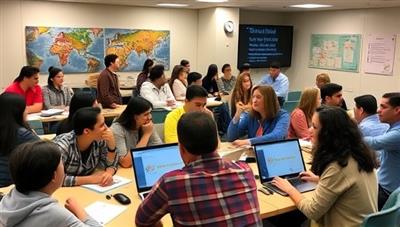 A dynamic classroom setting with diverse participants actively engaged in group discussions, brainstorming sessions, and hands-on digital marketing exercises, reflecting a collaborative and interactive learning environment.