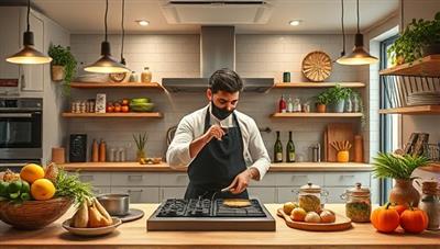 An artistic rendering of a virtual kitchen setting with a chef cooking on a live stream, surrounded by floating ingredients and interactive cooking tools, creating a dynamic and engaging culinary experience.