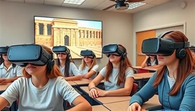 A classroom setting with students wearing VR headsets, exploring a digitally recreated ancient civilization, with teachers guiding the virtual field trip experience, showcasing the blend of technology and education.