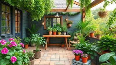 An inviting virtual garden setting with lush greenery, blooming flowers, and a variety of potted plants surrounding a cozy outdoor workspace, where gardening enthusiasts can virtually attend masterclasses and engage in plant care activities at GreenThumb Academy.