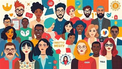 A vibrant and modern collage featuring diverse individuals with unique personal brands, intertwined with symbols of creativity, innovation, and digital media, reflecting individuality and the power of personal branding.