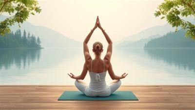 A serene virtual yoga and meditation session with an instructor leading participants through gentle poses and breathing exercises, surrounded by calming nature visuals and tranquil music, creating a peaceful and rejuvenating atmosphere.