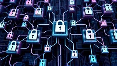 An intricate digital network of interconnected blocks representing secure audit verification processes, with locks and chains symbolizing data integrity and transparency, conveying trust and reliability.