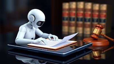 An illustration of a virtual AI assistant drafting legal documents on a sleek digital interface, with legal books and a gavel in the background, symbolizing efficiency and legal expertise.