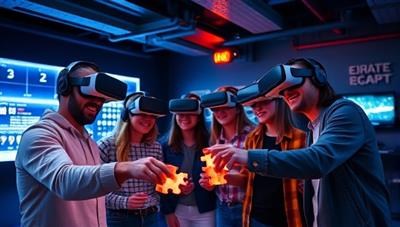 A group of friends wearing VR headsets, enthusiastically solving a virtual puzzle together in a futuristic escape room setting, surrounded by digital elements and challenges.