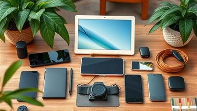 An aesthetically pleasing image featuring a collection of stylish and sustainable tech gadgets arranged on a wooden table, surrounded by greenery and natural elements, highlighting the fusion of technology and eco-friendliness.