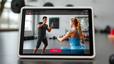 A virtual fitness coaching session displayed on a tablet screen, featuring a trainer guiding a client through a workout routine, with fitness equipment and motivational quotes in the background, creating a dynamic and supportive virtual fitness environment.