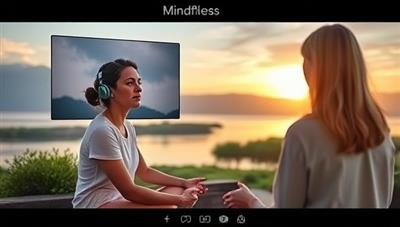 A virtual mental health coach leading a mindfulness session with a client through a video call, guiding relaxation exercises and breathing techniques, with calming nature imagery in the background, symbolizing mental wellness and inner peace.
