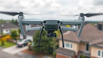 An aerial view of a drone equipped with monitoring sensors flying over a residential area, capturing detailed images for insurance claim assessment, highlighting the innovative and high-tech nature of the service.