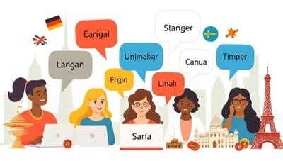 An engaging digital illustration of diverse individuals participating in virtual language classes, each represented by a speech bubble in a different language, surrounded by cultural symbols and landmarks, conveying language diversity and community connection.