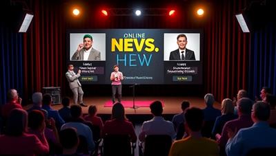 An online comedy club setting featuring a virtual stage with comedians performing, a chat section for audience interaction, and a lively audience of avatars laughing and clapping, creating a fun and engaging virtual comedy experience that captures the essence of live stand-up comedy.