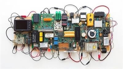 An upcycled art installation made from salvaged electronic components, showcasing the creativity and environmental impact of repurposing e-waste into innovative and artistic creations.