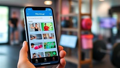 A smartphone with the FitPro Virtual app open, showing a variety of workout options, a progress tracker, and a chat feature with a virtual trainer, set against a backdrop of a vibrant fitness studio environment.