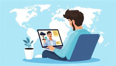An illustrative design of a digital nomad working remotely on a laptop while consulting with a tax advisor via a video call, with a world map in the background showing global tax jurisdictions, symbolizing virtual tax compliance solutions for a mobile workforce.