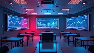 An engaging and futuristic visual representation of a digital classroom environment with interactive screens displaying cryptocurrency charts, blockchain concepts, and DeFi protocols, symbolizing cutting-edge education and exploration of the crypto landscape at CryptoWisdom Academy.