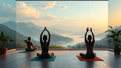 An artistic digital illustration of a tranquil virtual yoga studio set against a backdrop of serene natural landscapes, with participants engaging in yoga poses, meditation, and mindfulness practices, evoking a sense of inner peace and holistic well-being.