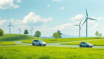 An image of a lush green landscape with electric vehicles driving through clean, unpolluted air, surrounded by renewable energy sources and green technology symbols, symbolizing the commitment to sustainability and eco-friendly transportation options offered by GreenDrive Solutions, inspiring a greener future for all drivers.