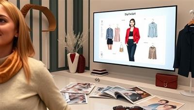 An AI-powered style consultation session with a virtual stylist presenting outfit suggestions on a digital screen, surrounded by fashion magazines and accessories, creating a chic and tech-savvy atmosphere that embodies the essence of StyleBot AI.