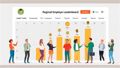 An interactive leaderboard display showing top employee referrers within an organization, with animated avatars representing employees climbing the leaderboard ranks, earning badges and rewards for successful referrals, creating a competitive and engaging referral network environment.