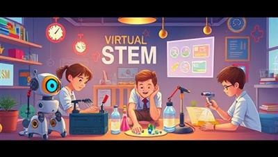 An imaginative illustration of a virtual STEM workshop with kids building robots, conducting experiments, and collaborating on a digital platform, capturing the essence of hands-on learning and creative exploration.