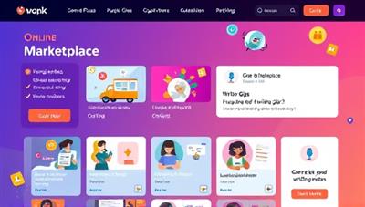 An online marketplace interface displaying a variety of writing gigs, freelance profiles, and project listings, with vibrant colors and creative icons representing the diverse writing opportunities available on the platform, symbolizing connection and collaboration in the writing community.