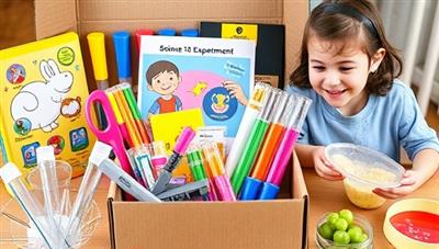A collection of colorful science experiment kits with various tools, test tubes, and instruction booklets neatly arranged in a subscription box, accompanied by happy children conducting hands-on experiments and exploring scientific phenomena, highlighting the joy of discovery and learning.