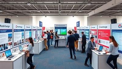 An immersive virtual internship fair environment featuring virtual booths of participating companies, live chat options with recruiters, and interactive sessions on internship best practices and career development, highlighting the platform's dynamic and engaging internship placement experience.