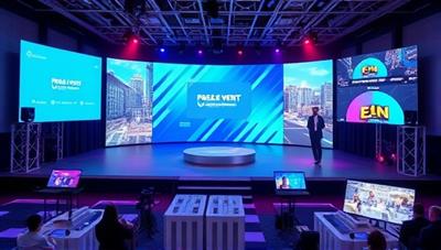 A virtual event setup with a digital stage, interactive audience engagement features, and a variety of themed virtual backgrounds, showcasing the versatility and creativity of virtual event planning on the platform.