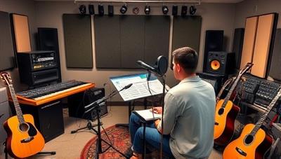 An interactive virtual music studio setting with a mentor guiding a musician through a composition, surrounded by musical instruments and recording equipment, creating an inspirational and collaborative atmosphere for music mentorship.