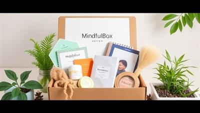 An aesthetically pleasing and calming subscription box design featuring mindfulness tools, relaxation aids, wellness books, and soothing teas, surrounded by greenery and natural elements, evoking a sense of tranquility and mental wellness promoted by MindfulBox Haven's subscription service.